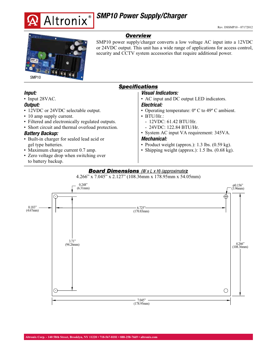 Altronix SMP10 Data Sheet User Manual | 1 page