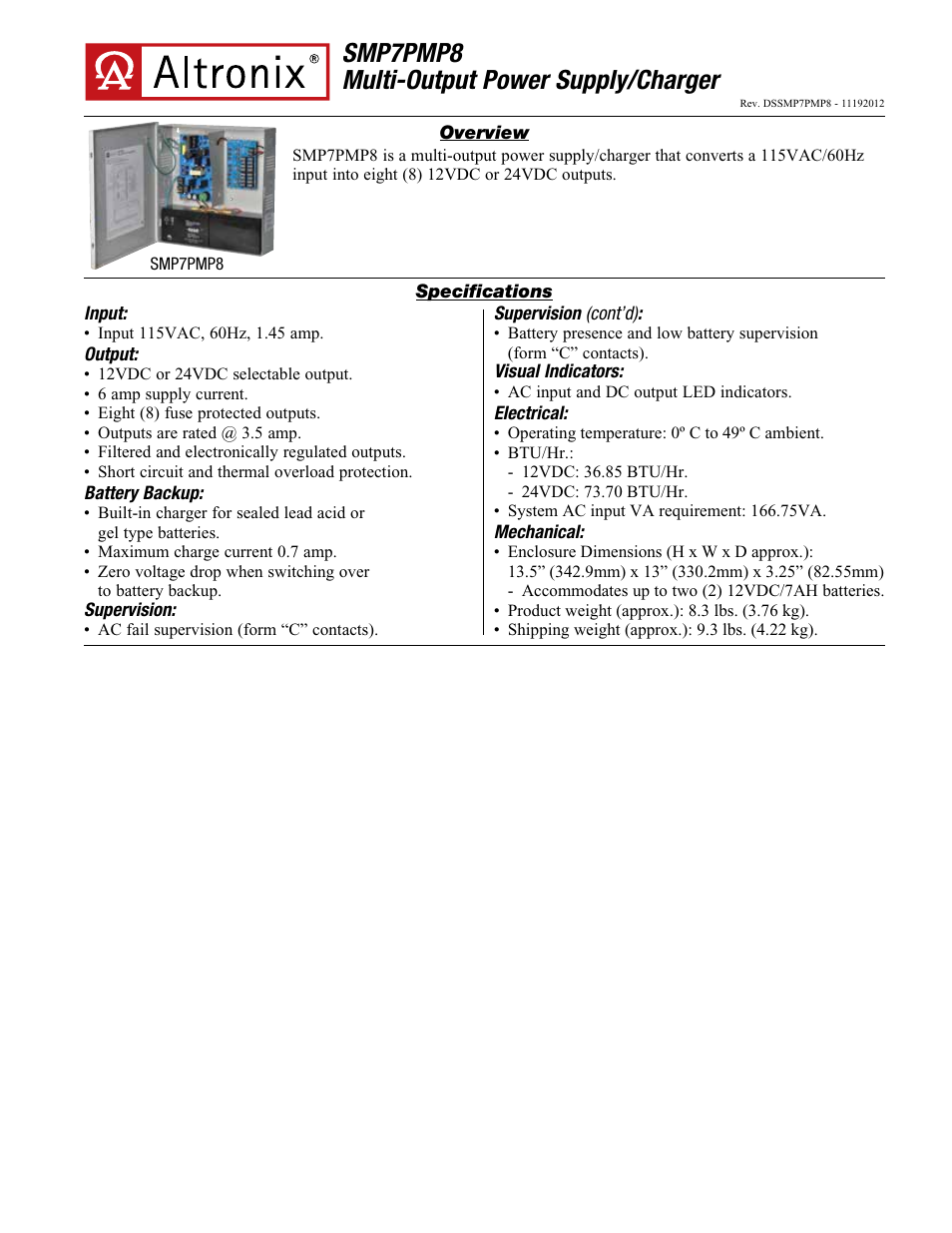 Altronix SMP7PMP8 Data Sheet User Manual | 2 pages