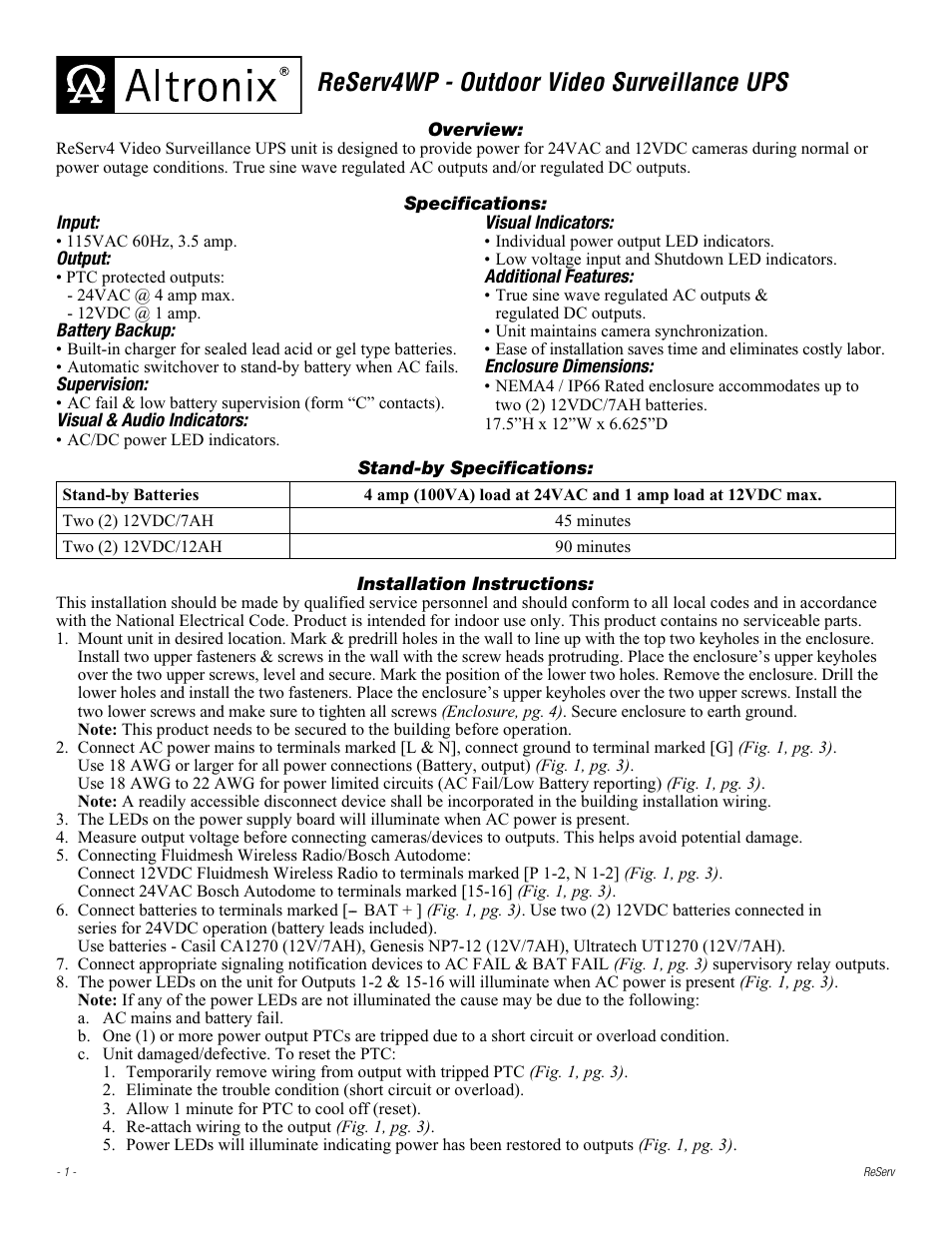 Altronix ReServ4WP Installation Instructions User Manual | 4 pages