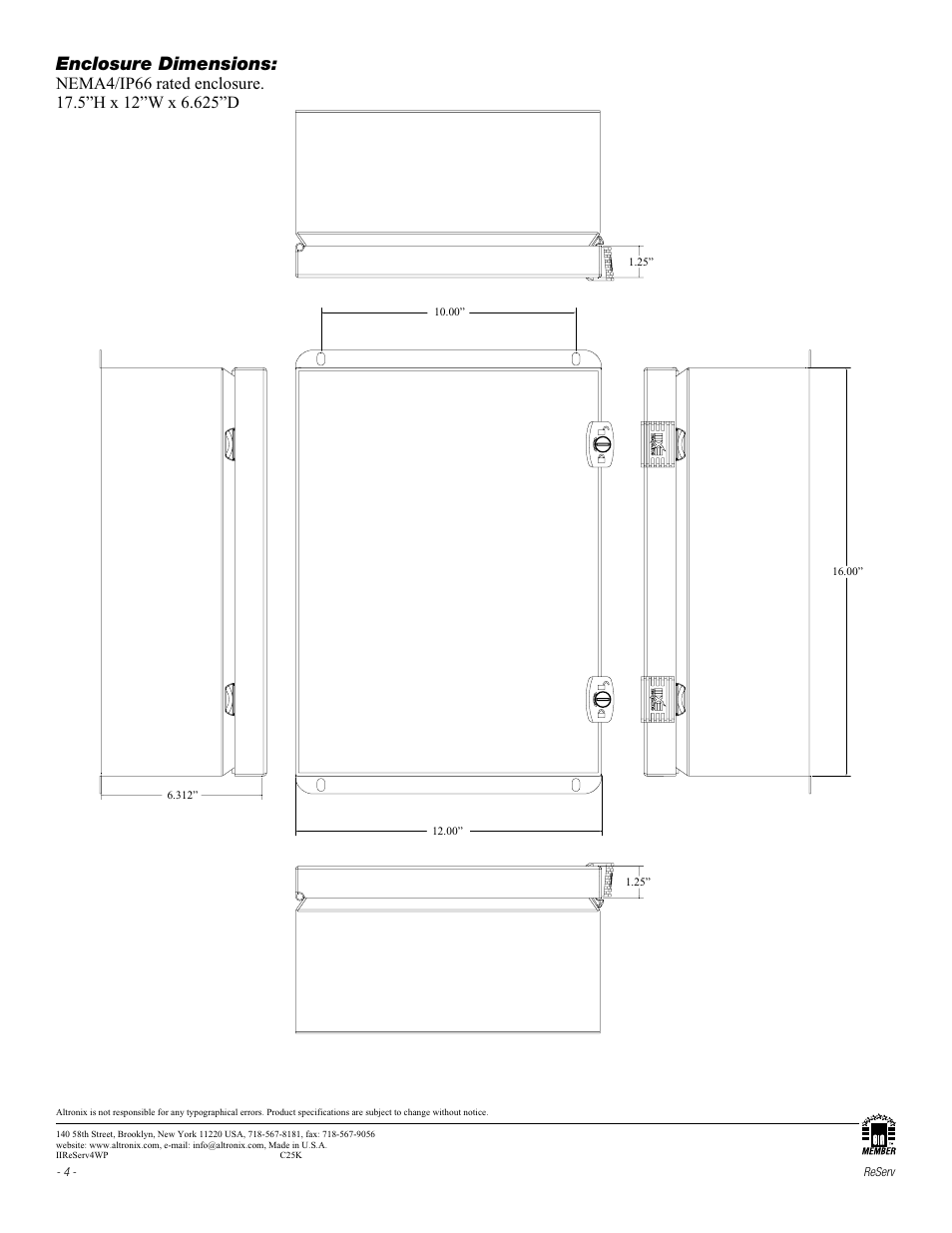 Enclosure dimensions | Altronix ReServ4WP Installation Instructions User Manual | Page 4 / 4