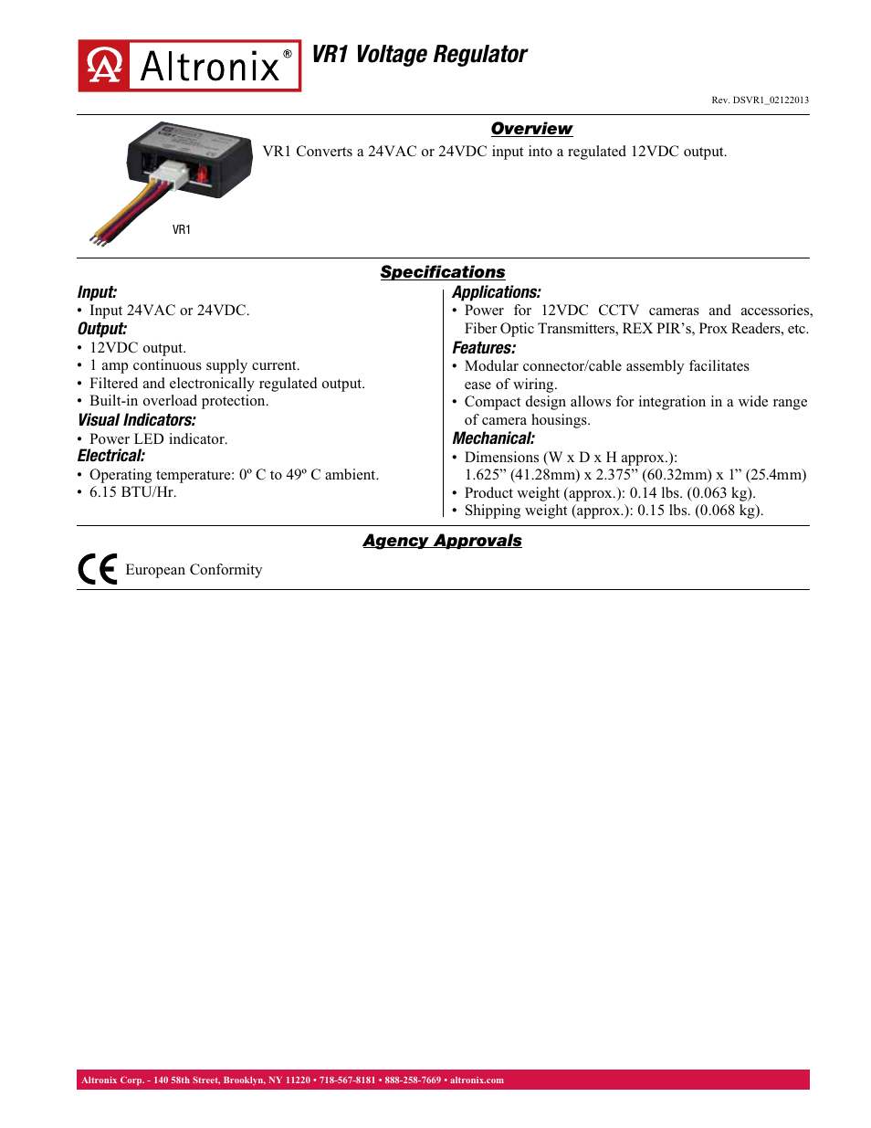 Altronix VR1 Data Sheet User Manual | 1 page