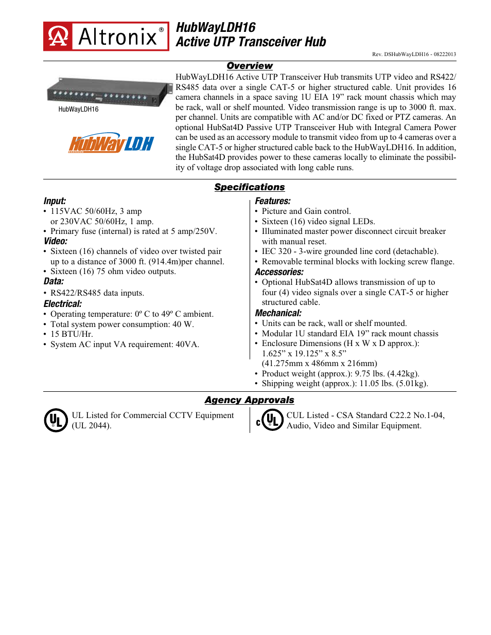 Altronix HubWay LDH16 Data Sheet User Manual | 2 pages