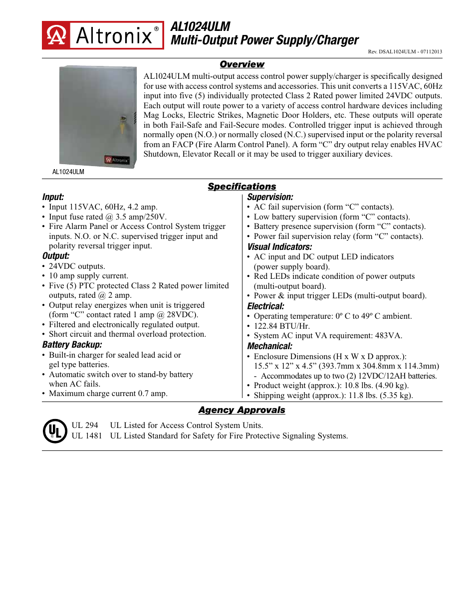 Altronix AL1024ULM Data Sheet User Manual | 2 pages