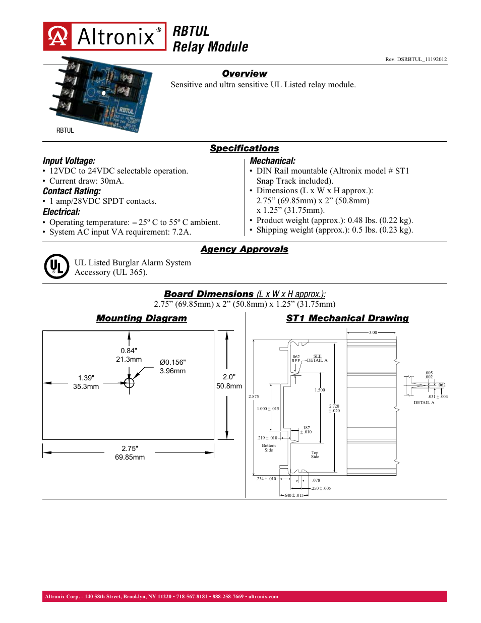 Altronix RBTUL Data Sheet User Manual | 1 page