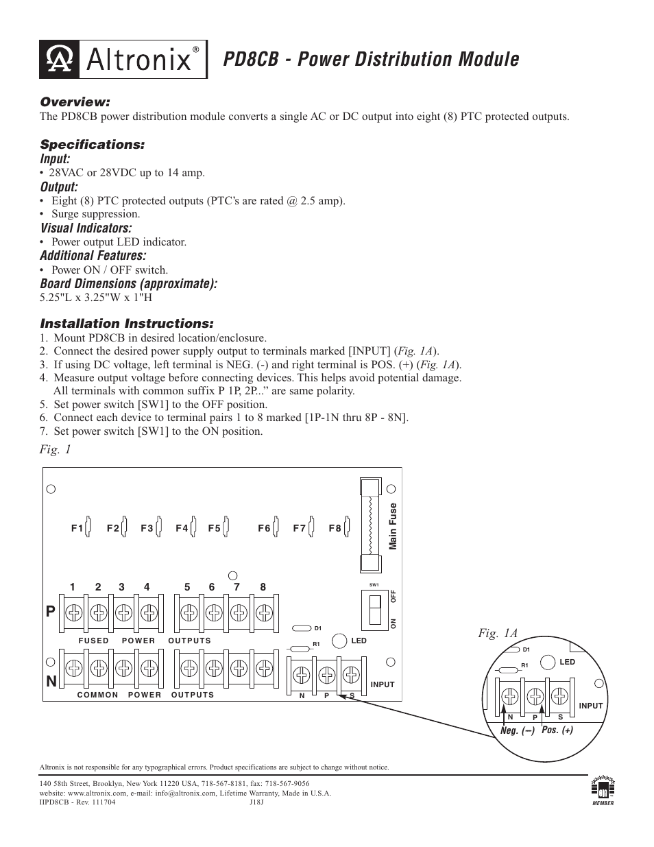 Altronix PD8CB Installation Instructions User Manual | 1 page
