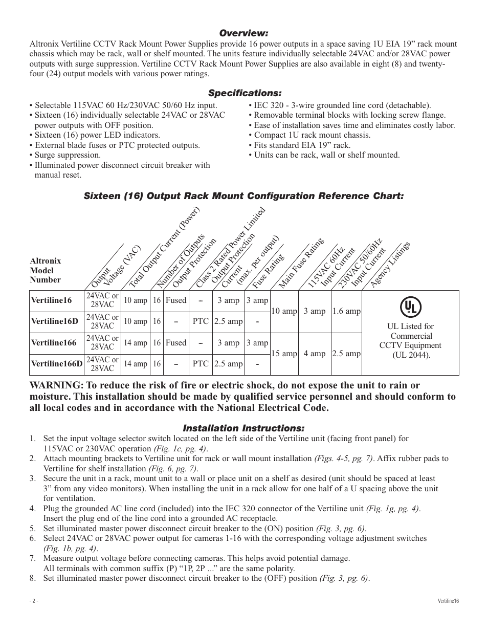 Altronix VertiLine16D Installation Instructions User Manual | Page 2 / 8