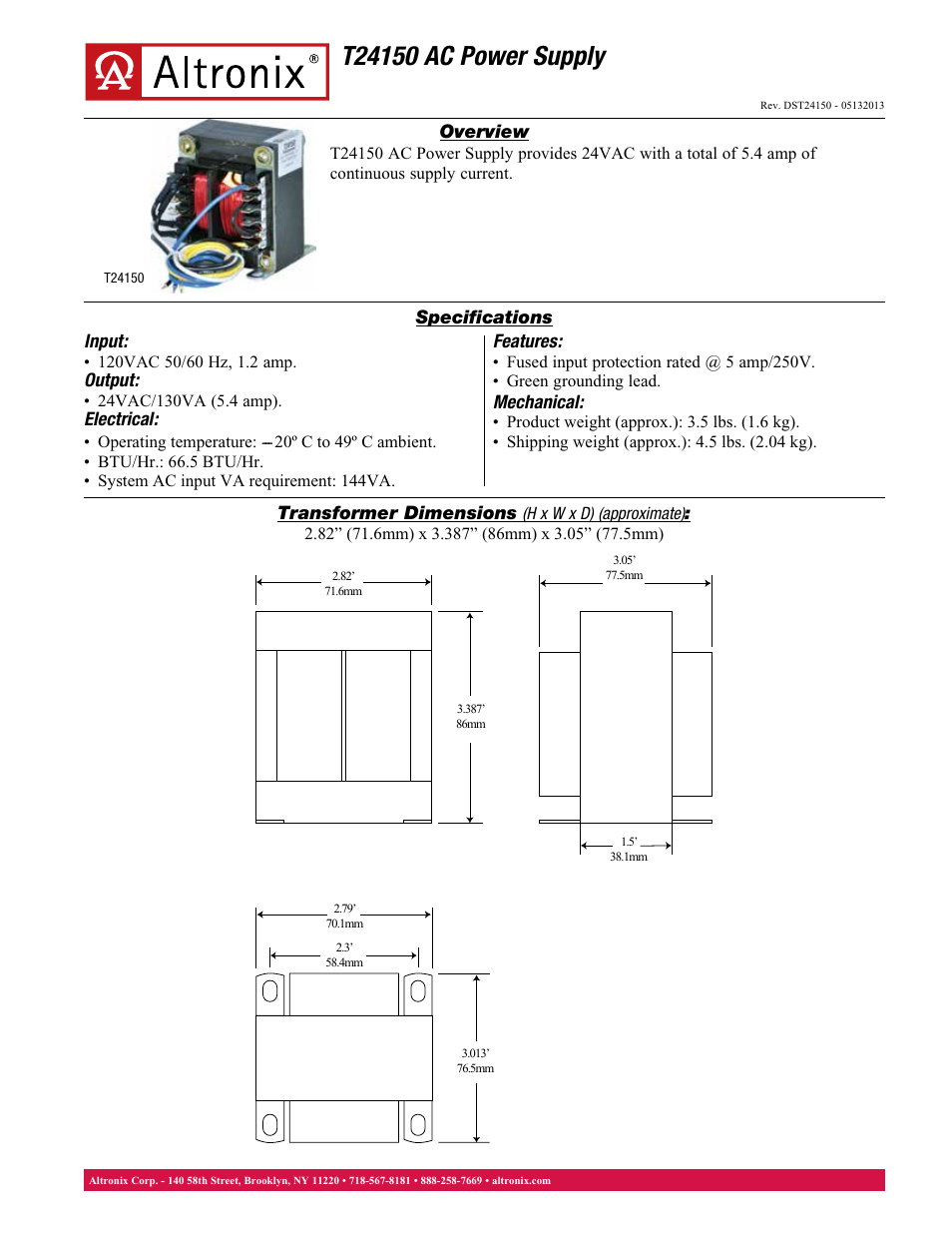 Altronix T24150 Data Sheet User Manual | 1 page