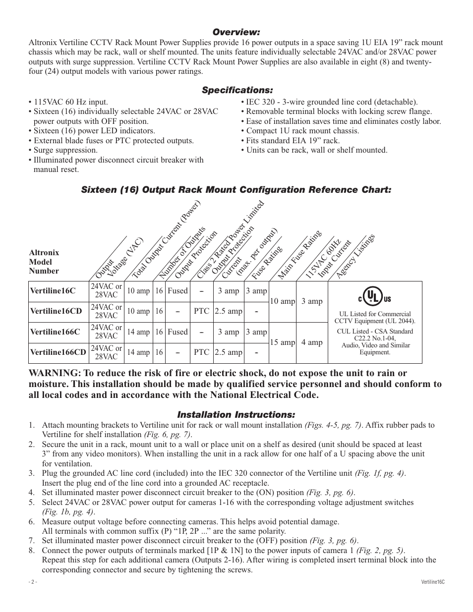 Altronix VertiLine16CD Installation Instructions User Manual | Page 2 / 8