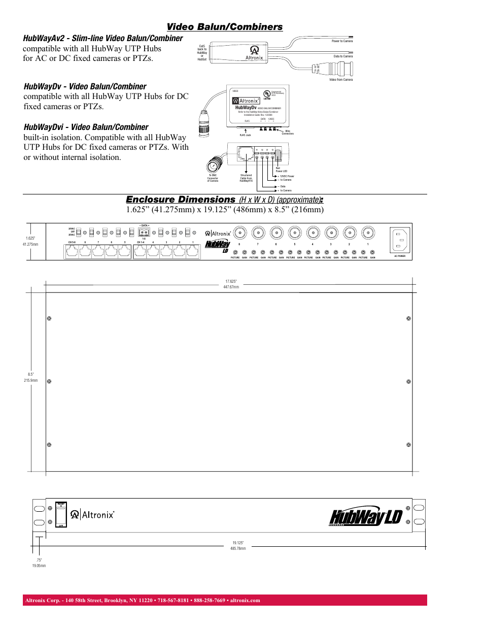 Video balun/combiners, Enclosure dimensions | Altronix HubWay LD8CDS Data Sheet User Manual | Page 2 / 2