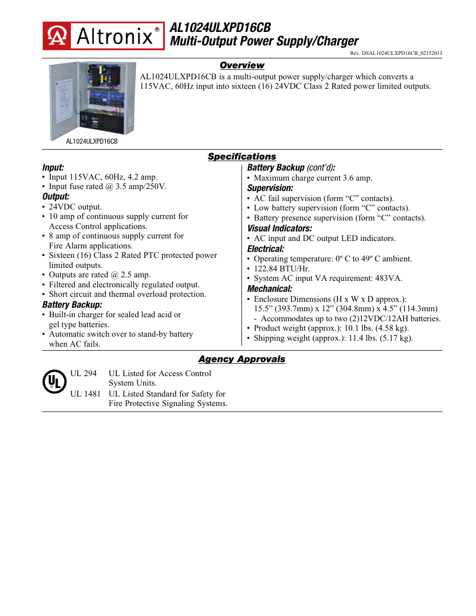 Altronix AL1024ULXPD16CB Data Sheet User Manual | 2 pages