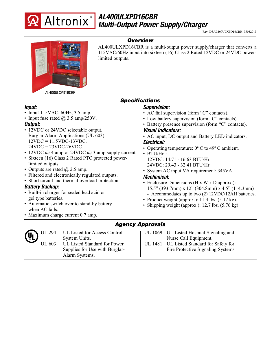 Altronix AL400ULXPD16CBR Data Sheet User Manual | 2 pages