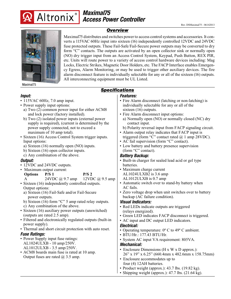 Altronix Maximal75 Data Sheet User Manual | 2 pages