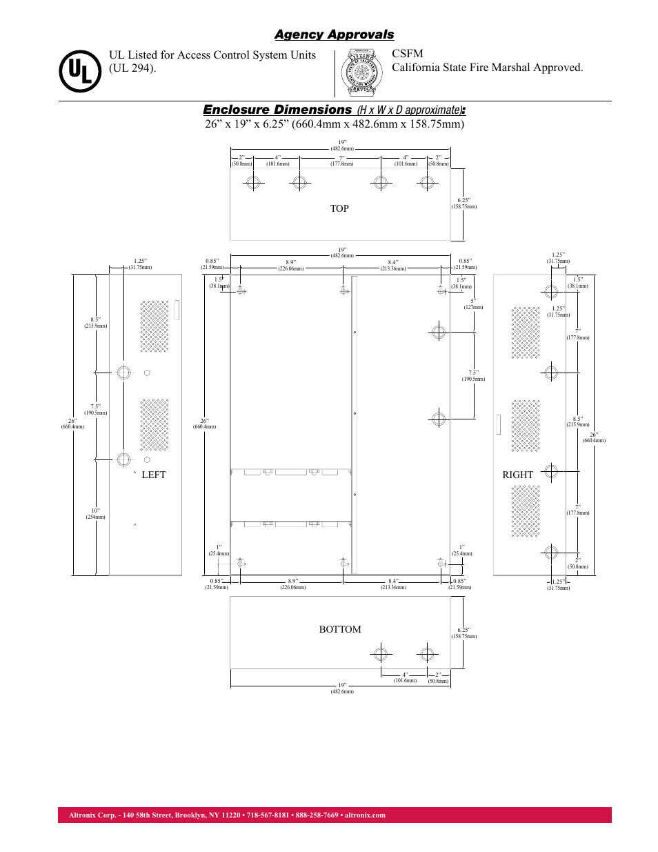 Enclosure dimensions, Agency approvals, Top left right bottom | Altronix Maximal75 Data Sheet User Manual | Page 2 / 2