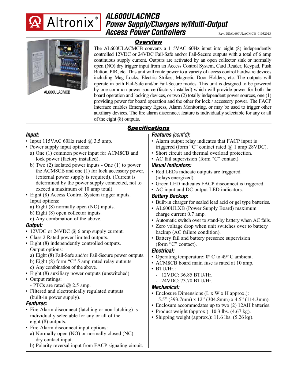 Altronix AL600ULACMCB Data Sheet User Manual | 2 pages