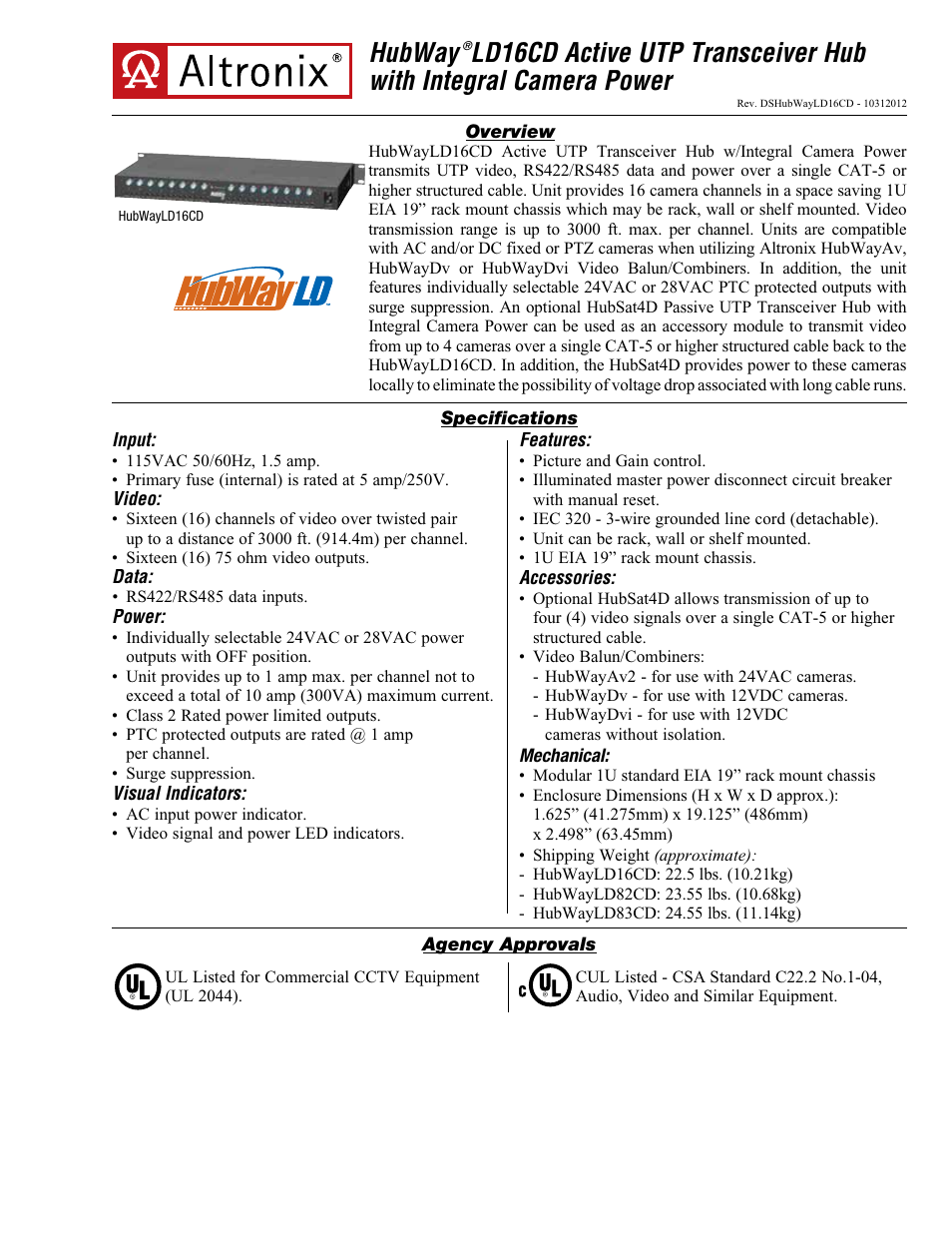 Altronix HubWay LD16CD Data Sheet User Manual | 2 pages