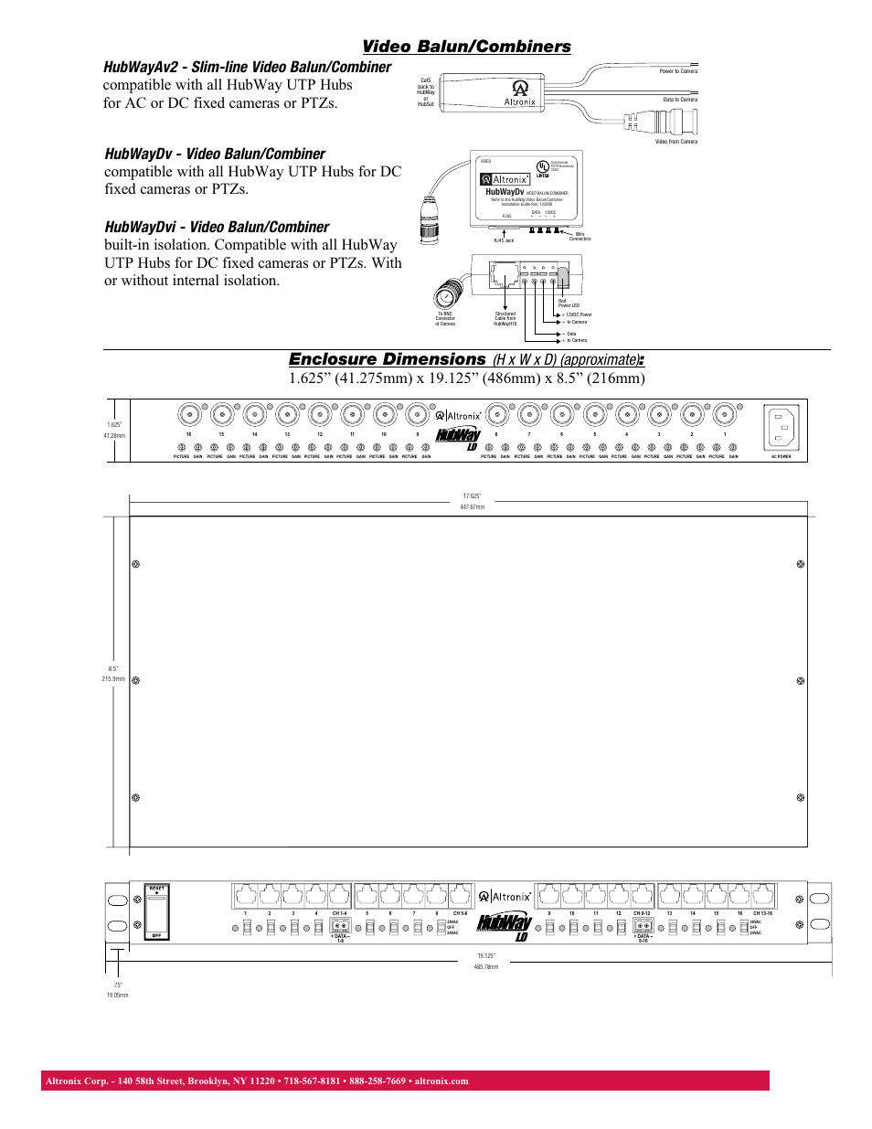 Video balun/combiners, Enclosure dimensions | Altronix HubWay LD16CD Data Sheet User Manual | Page 2 / 2