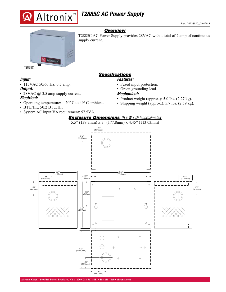 Altronix T2885C Data Sheet User Manual | 1 page