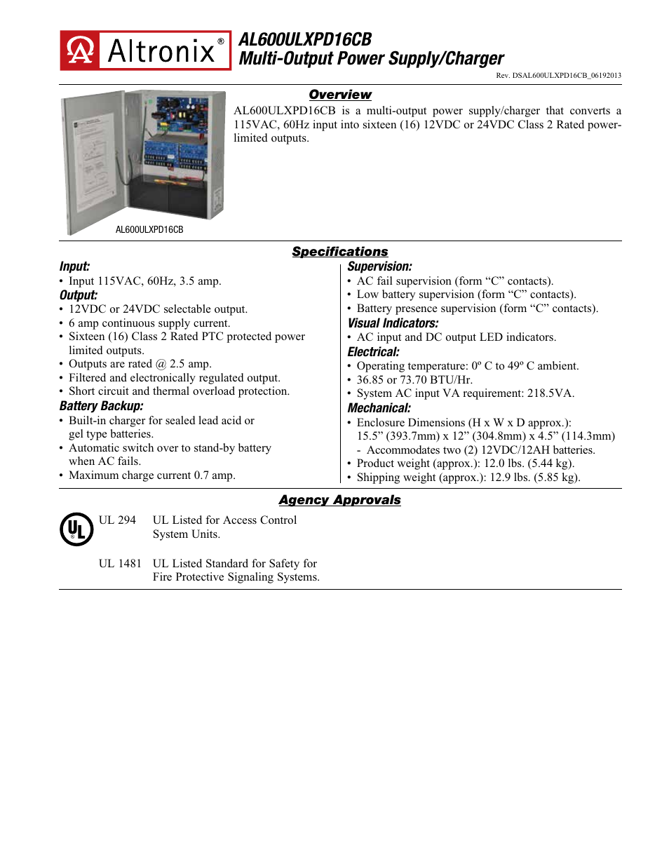 Altronix AL600ULXPD16CB Data Sheet User Manual | 2 pages