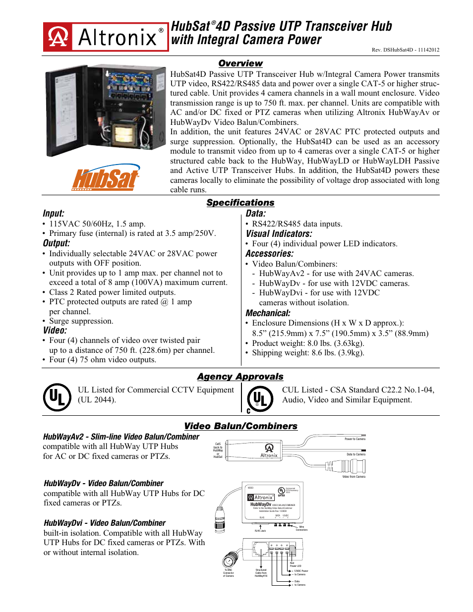 Altronix HubSat 4D Data Sheet User Manual | 2 pages