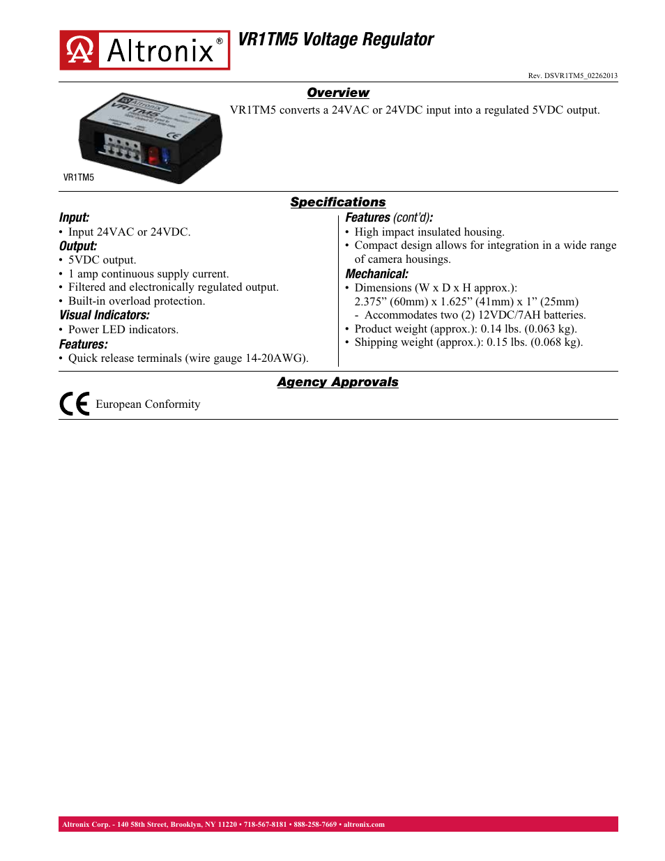 Altronix VR1TM5 Data Sheet User Manual | 1 page