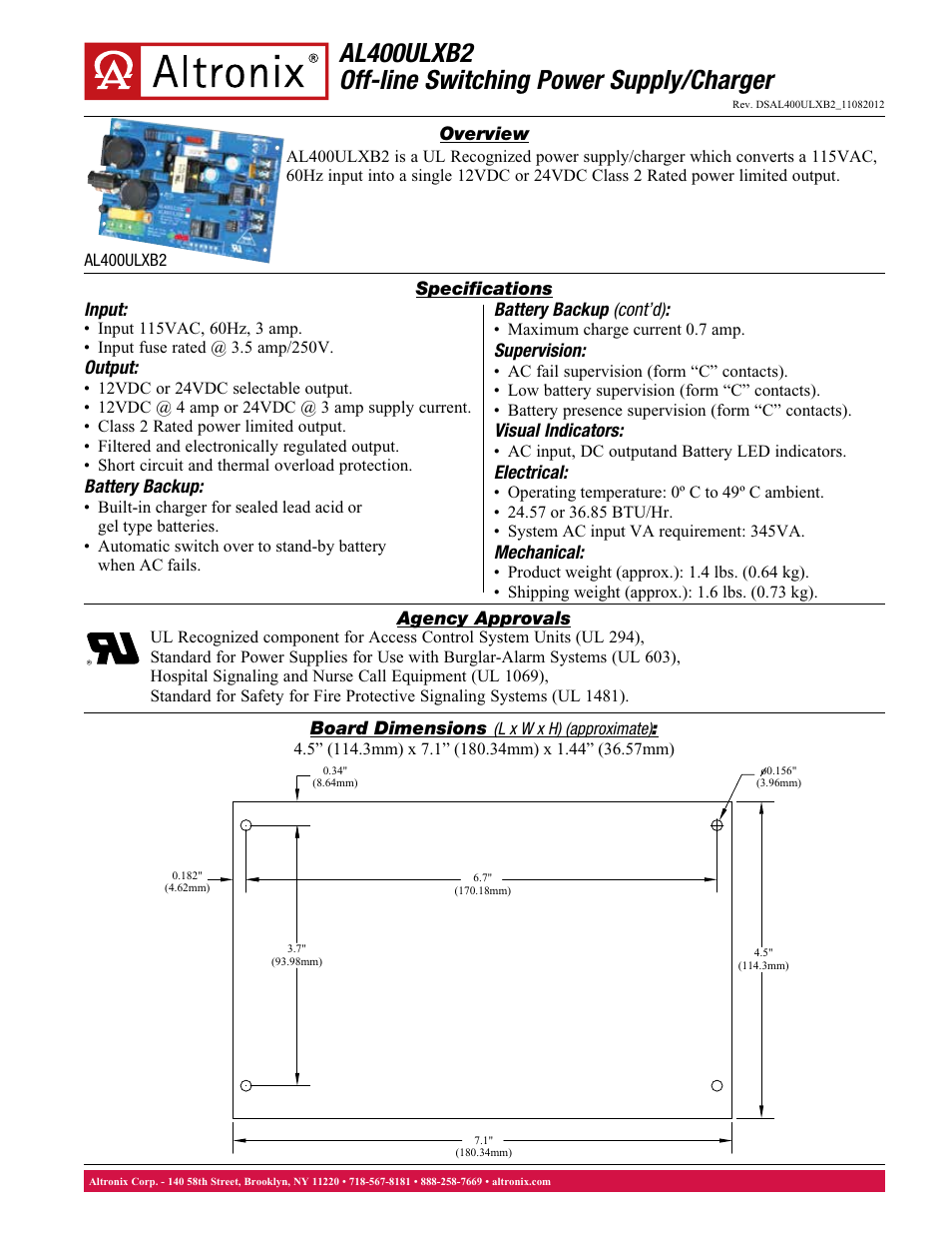 Altronix AL400ULXB2 Data Sheet User Manual | 1 page