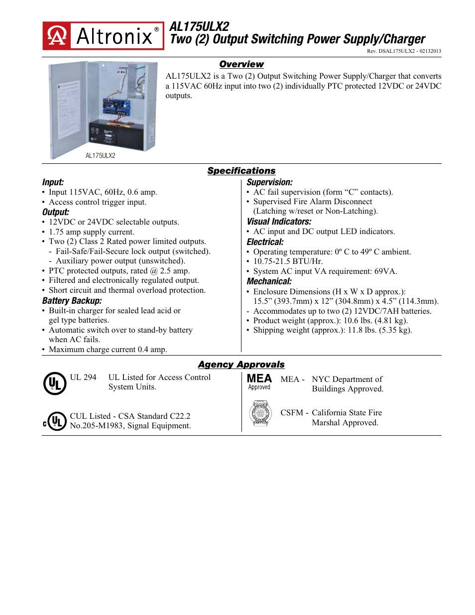 Altronix AL175ULX2 Data Sheet User Manual | 2 pages