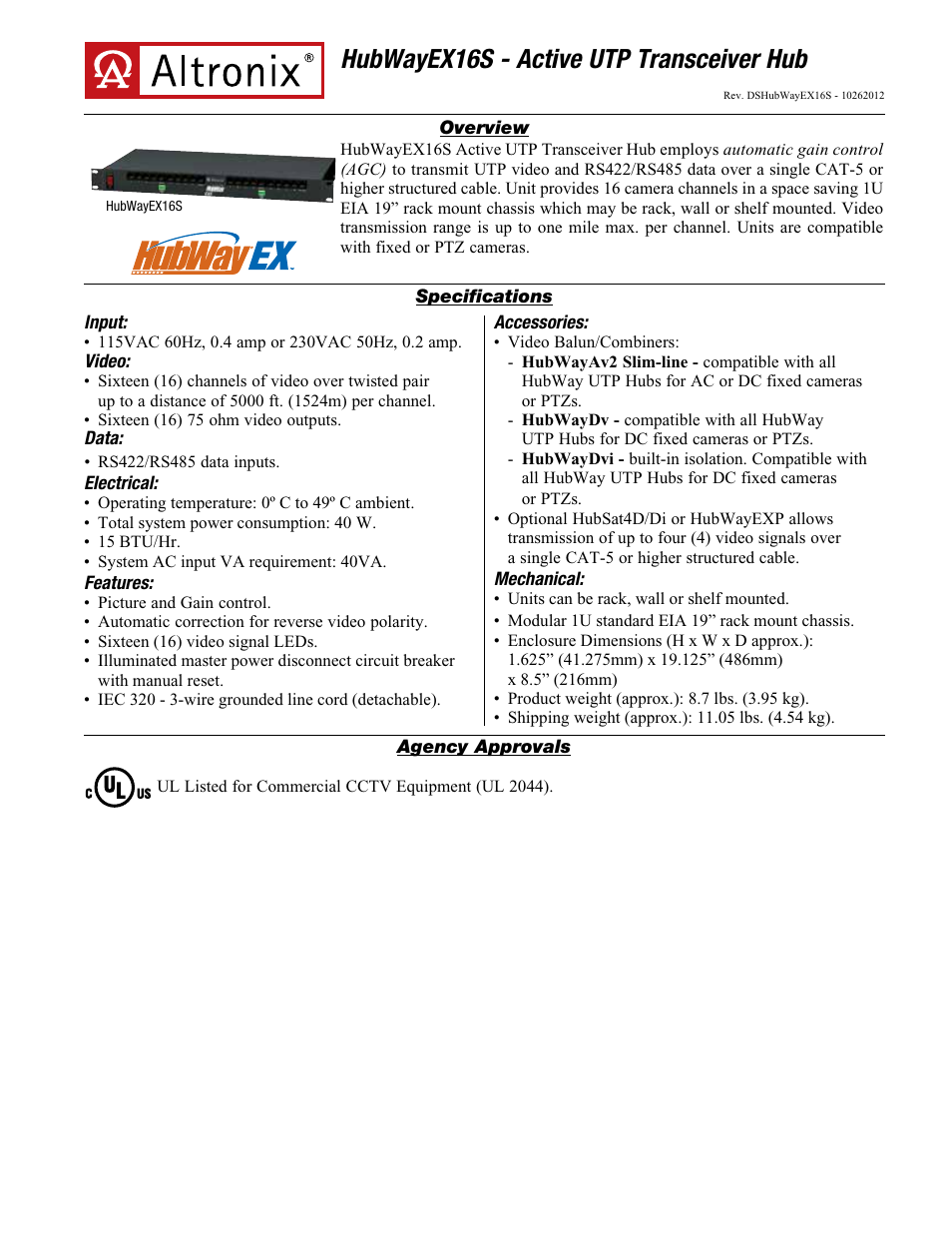 Altronix HubWay EX16S Data Sheet User Manual | 2 pages