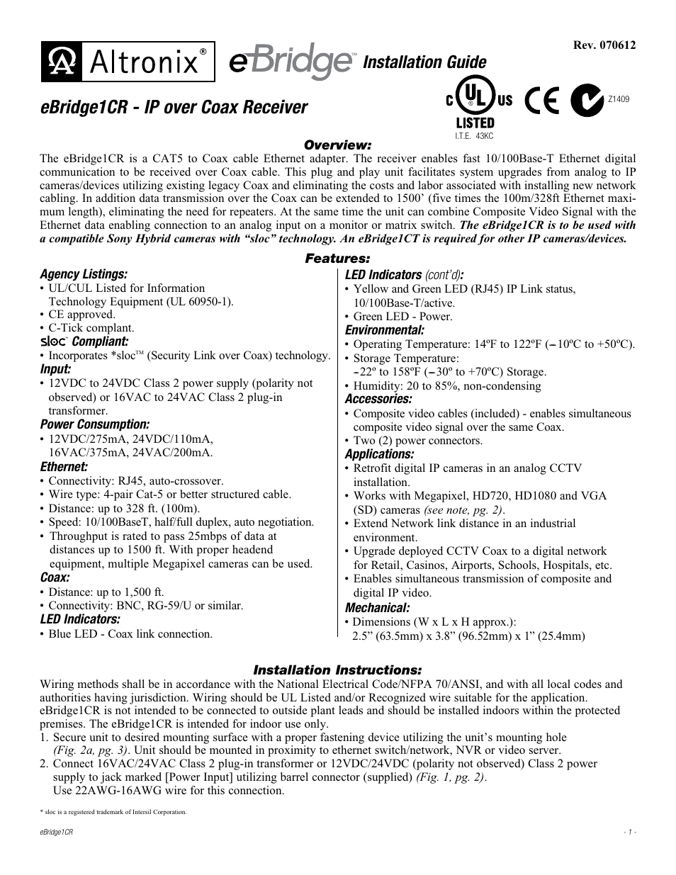 Altronix eBridge1CR Installation Instructions User Manual | 4 pages