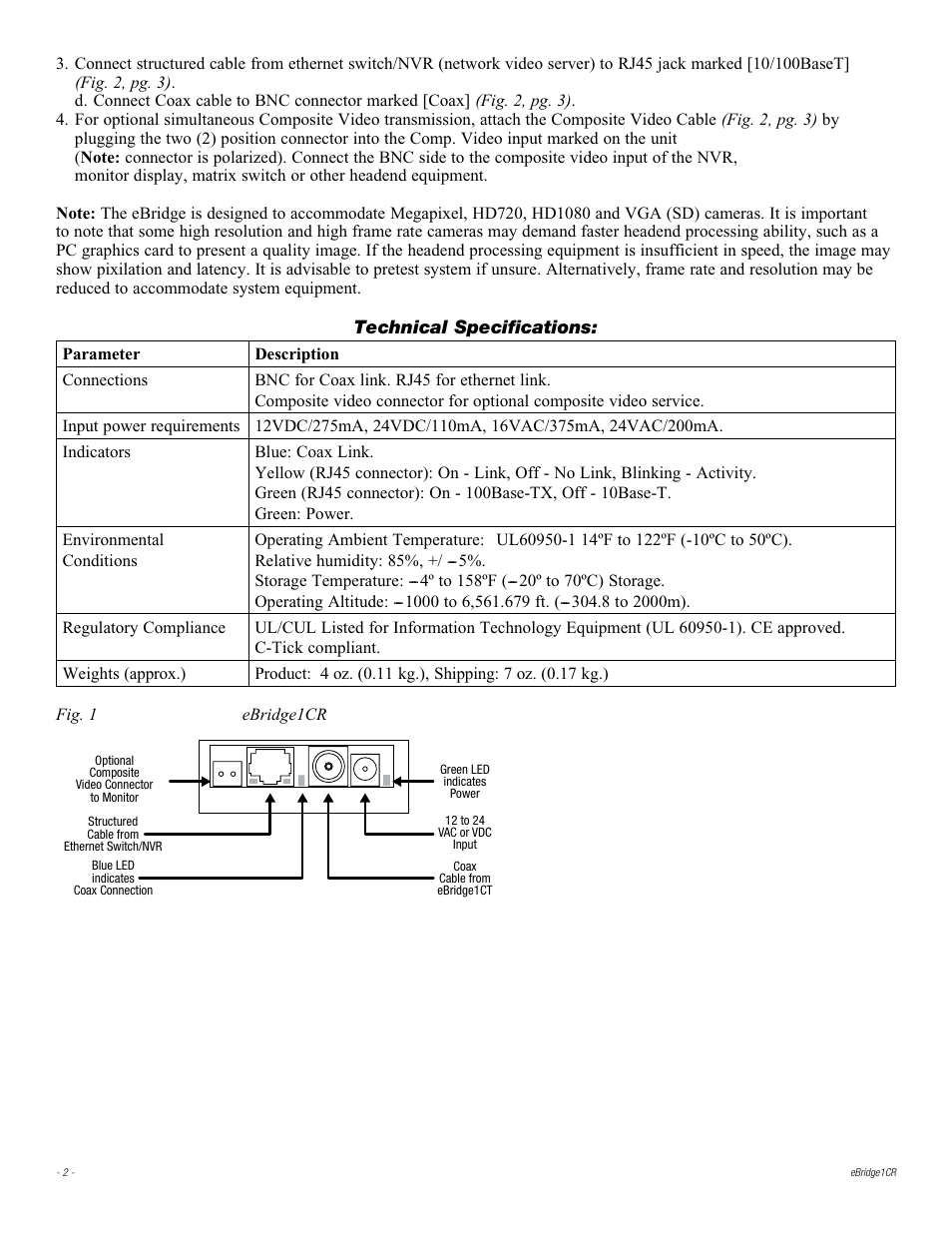 Technical specifications | Altronix eBridge1CR Installation Instructions User Manual | Page 2 / 4