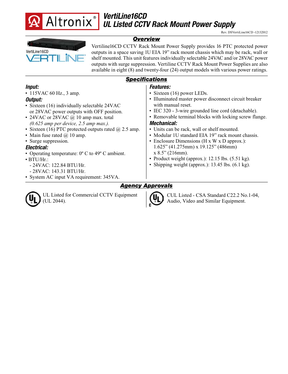 Altronix VertiLine16CD Data Sheet User Manual | 2 pages