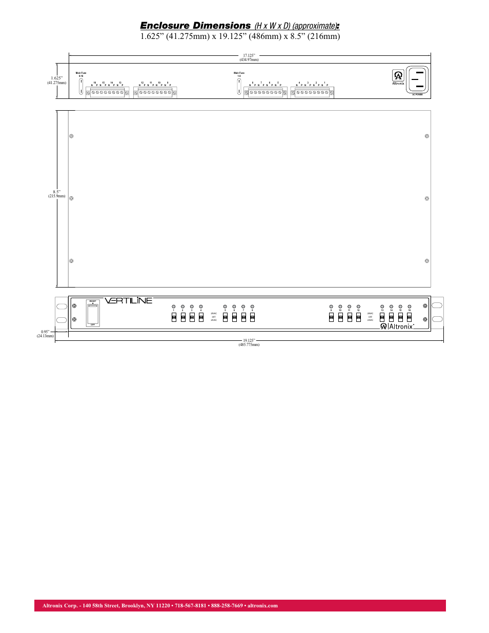 Enclosure dimensions | Altronix VertiLine16CD Data Sheet User Manual | Page 2 / 2