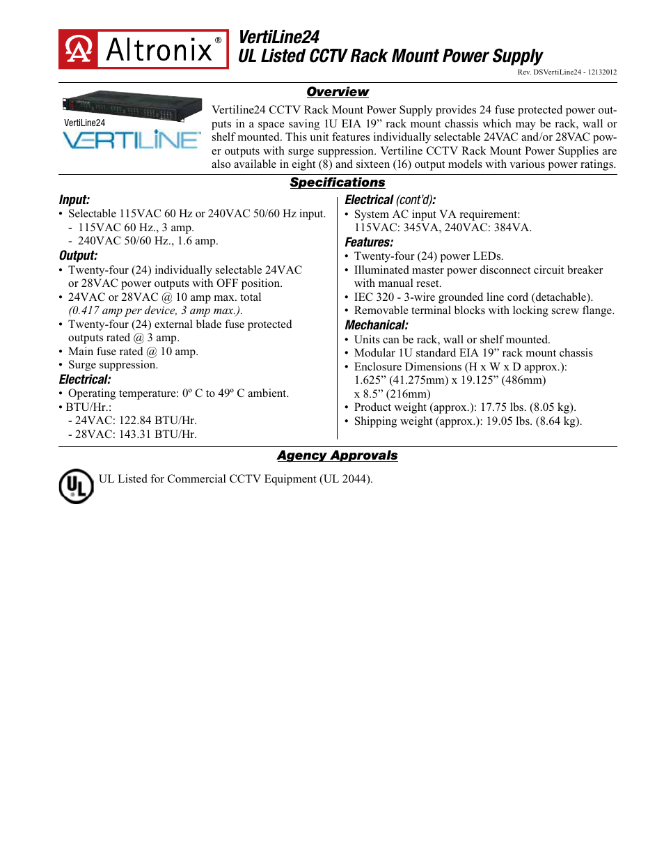 Altronix VertiLine24 Data Sheet User Manual | 2 pages