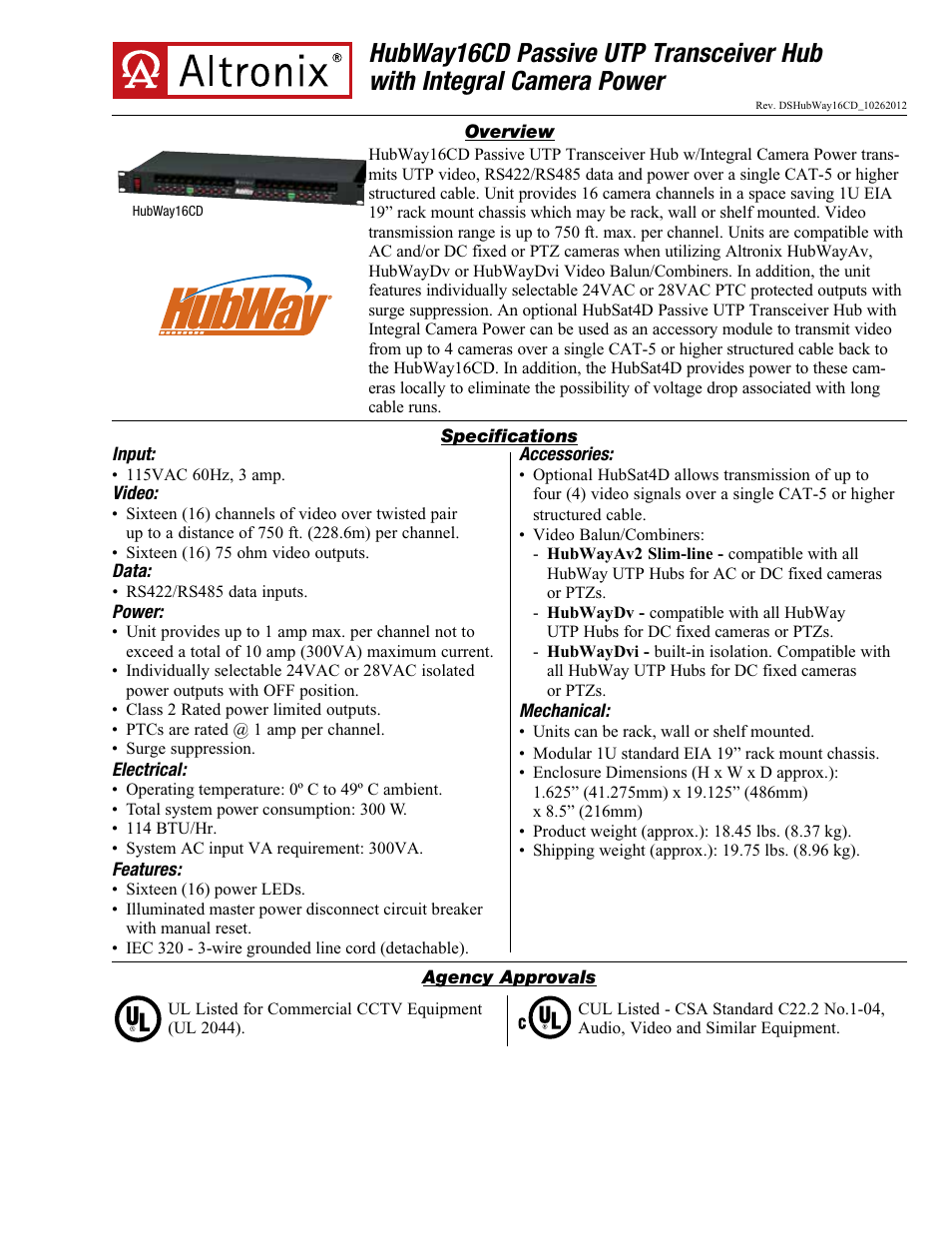 Altronix HubWay 16CD Data Sheet User Manual | 2 pages