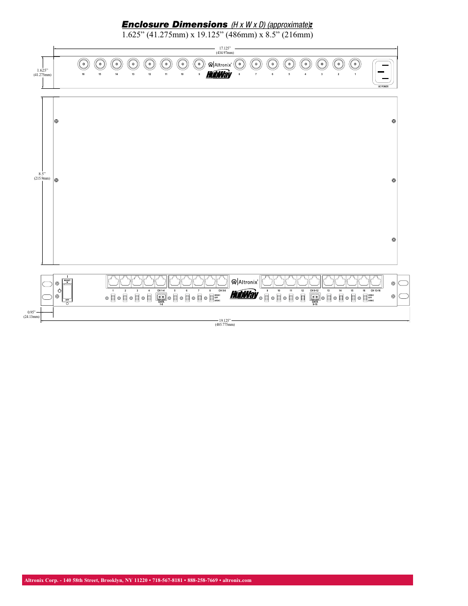 Enclosure dimensions | Altronix HubWay 16CD Data Sheet User Manual | Page 2 / 2