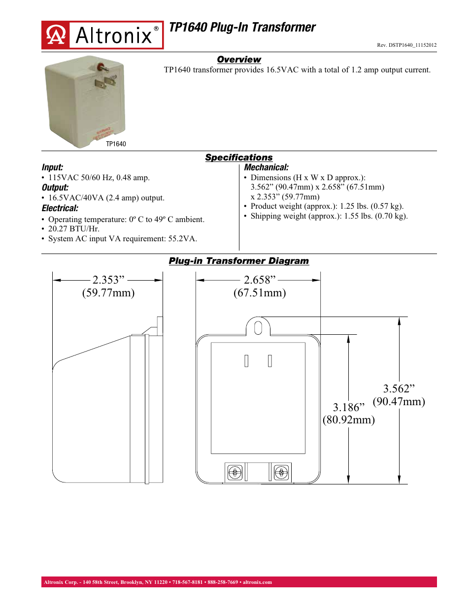 Altronix TP1640 Data Sheet User Manual | 1 page