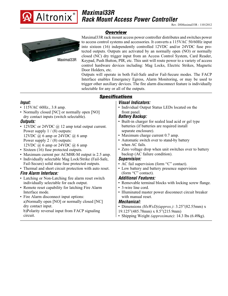 Altronix Maximal33R Data Sheet User Manual | 2 pages