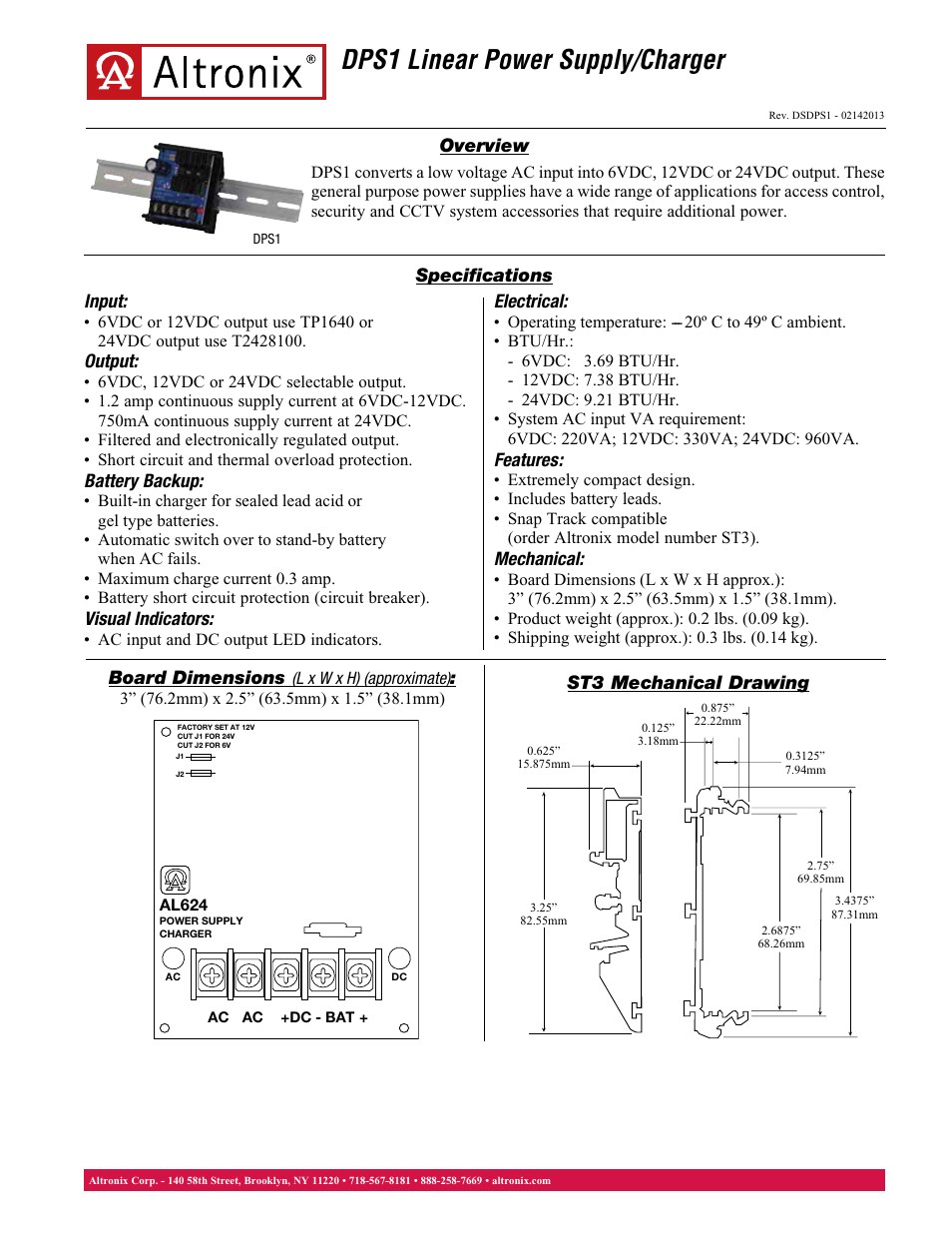 Altronix DPS1 Data Sheet User Manual | 1 page