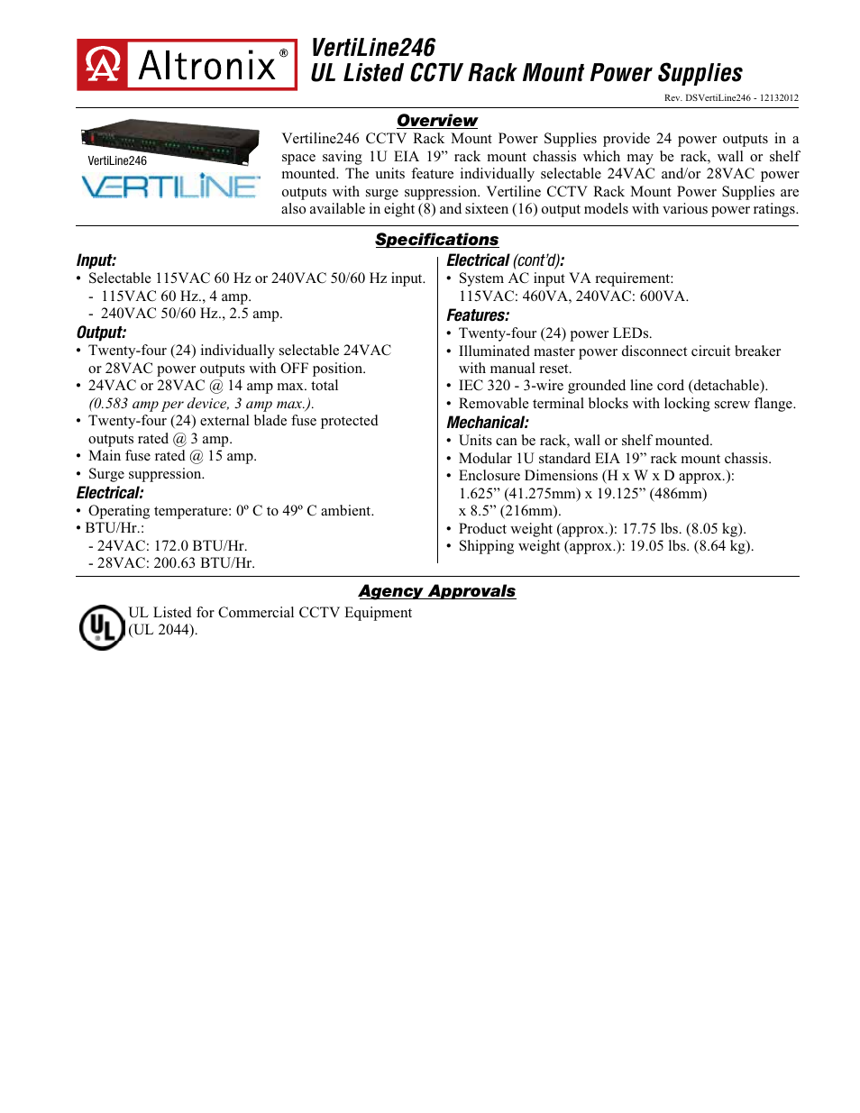 Altronix VertiLine246 Data Sheet User Manual | 2 pages