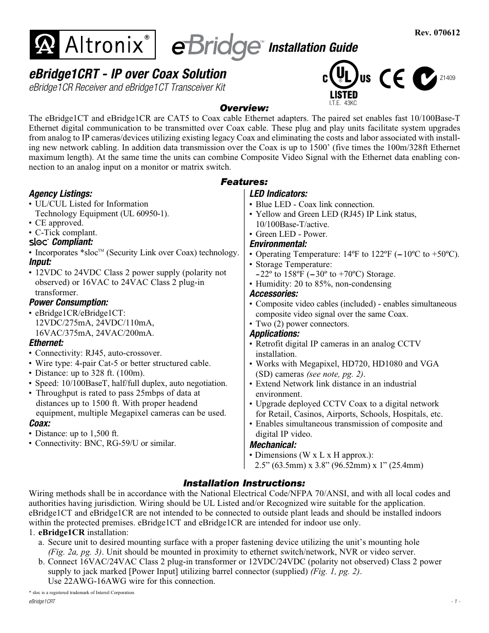 Altronix eBridge1CRT Installation Instructions User Manual | 4 pages