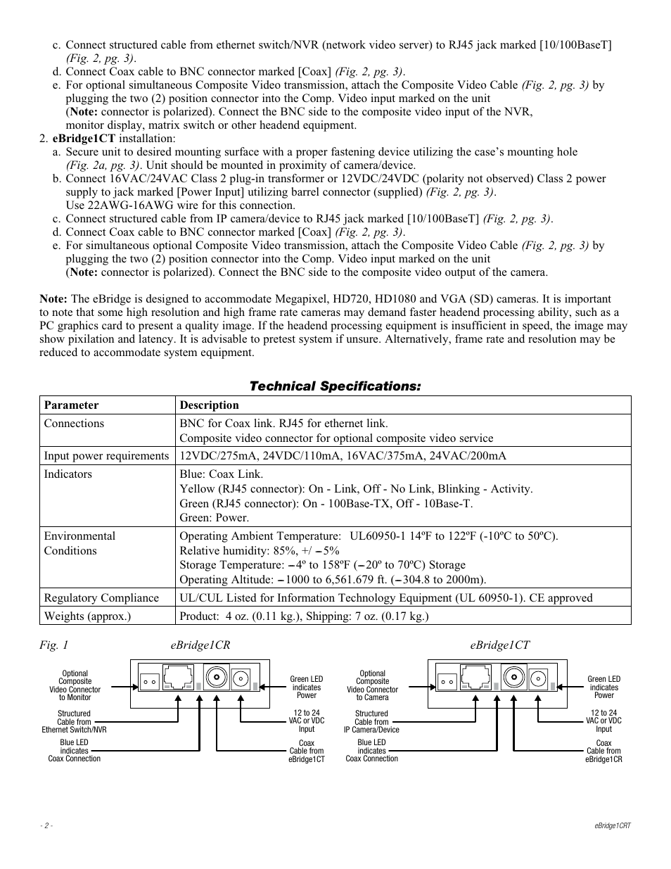 Technical specifications | Altronix eBridge1CRT Installation Instructions User Manual | Page 2 / 4