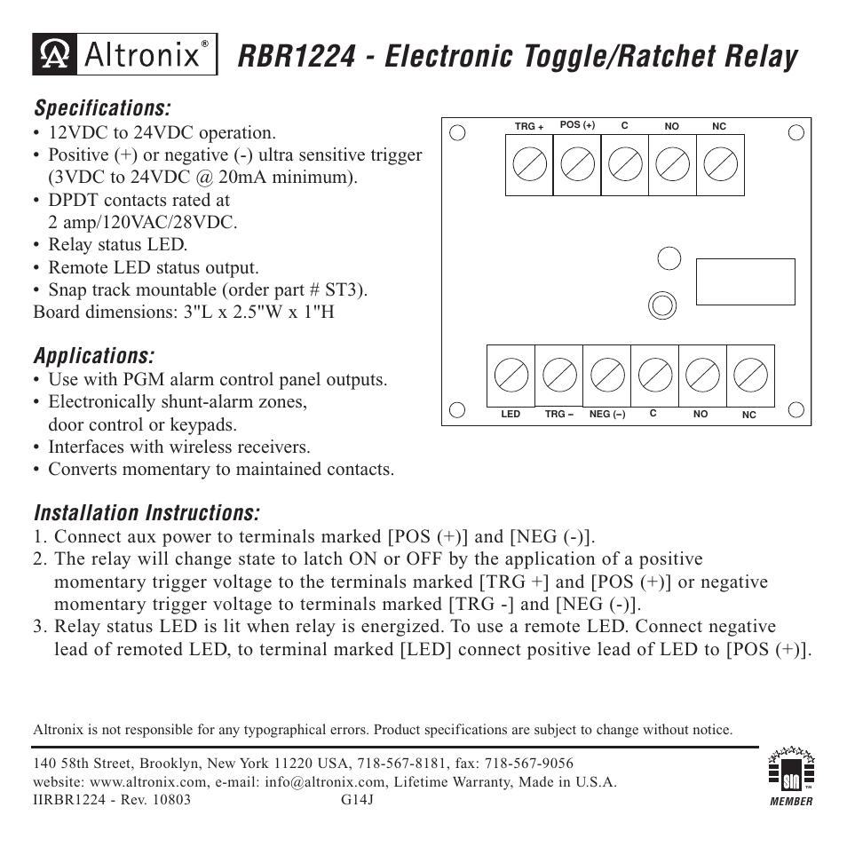 Altronix RBR1224 Installation Instructions User Manual | 1 page