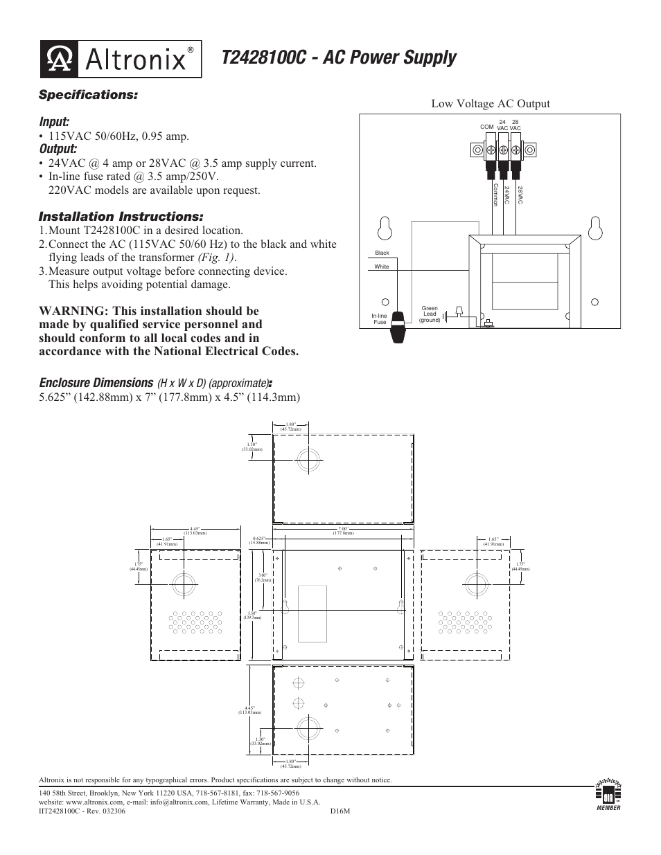 Altronix T2428100C Installation Instructions User Manual | 1 page