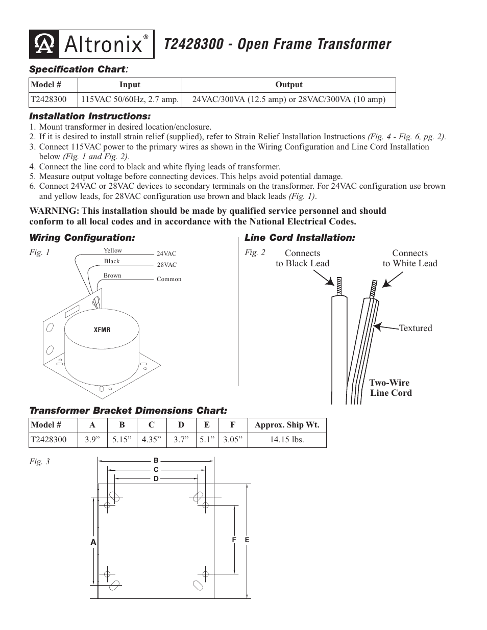 Altronix T2428300 Installation Instructions User Manual | 2 pages