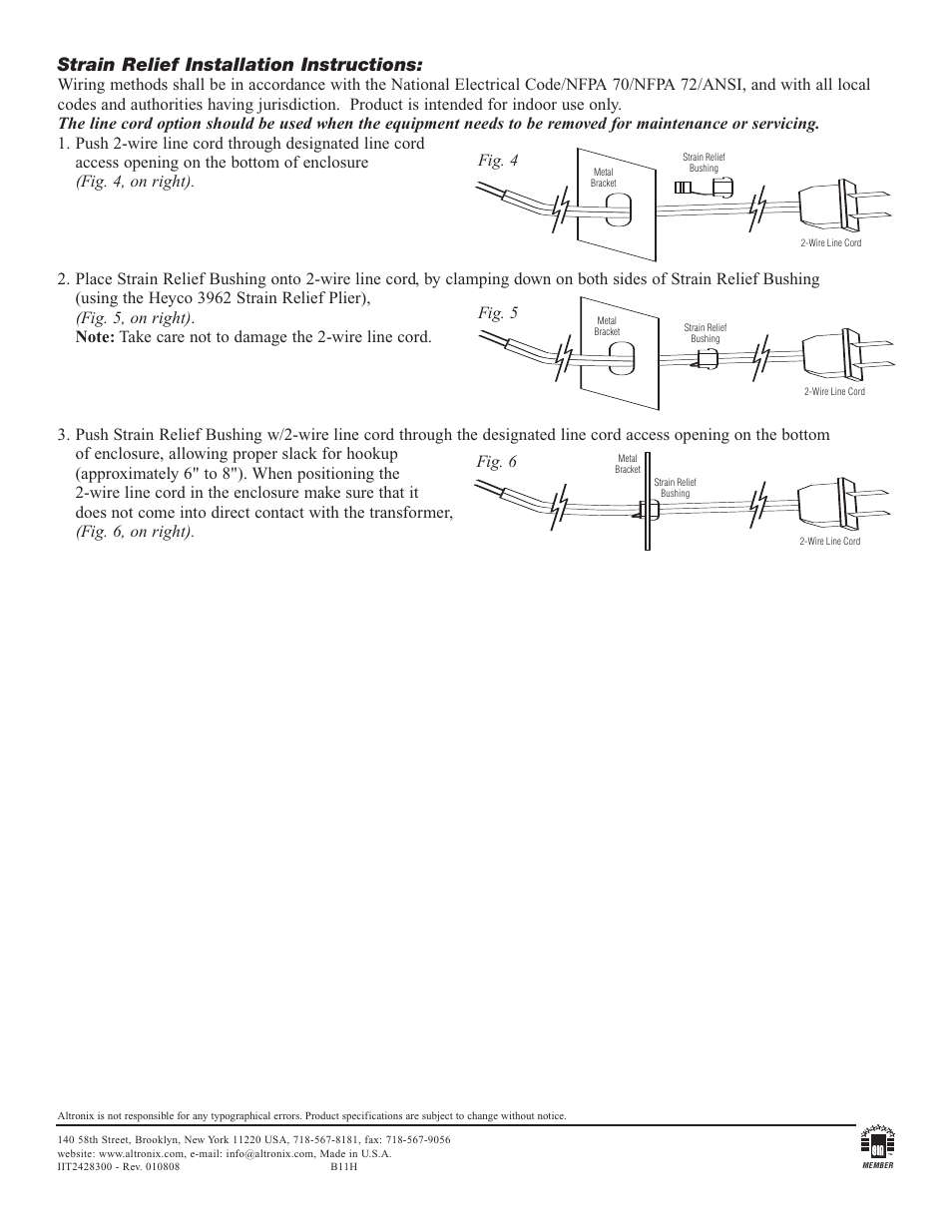 Strain relief installation instructions, Fig. 4 fig. 5 fig. 6 | Altronix T2428300 Installation Instructions User Manual | Page 2 / 2