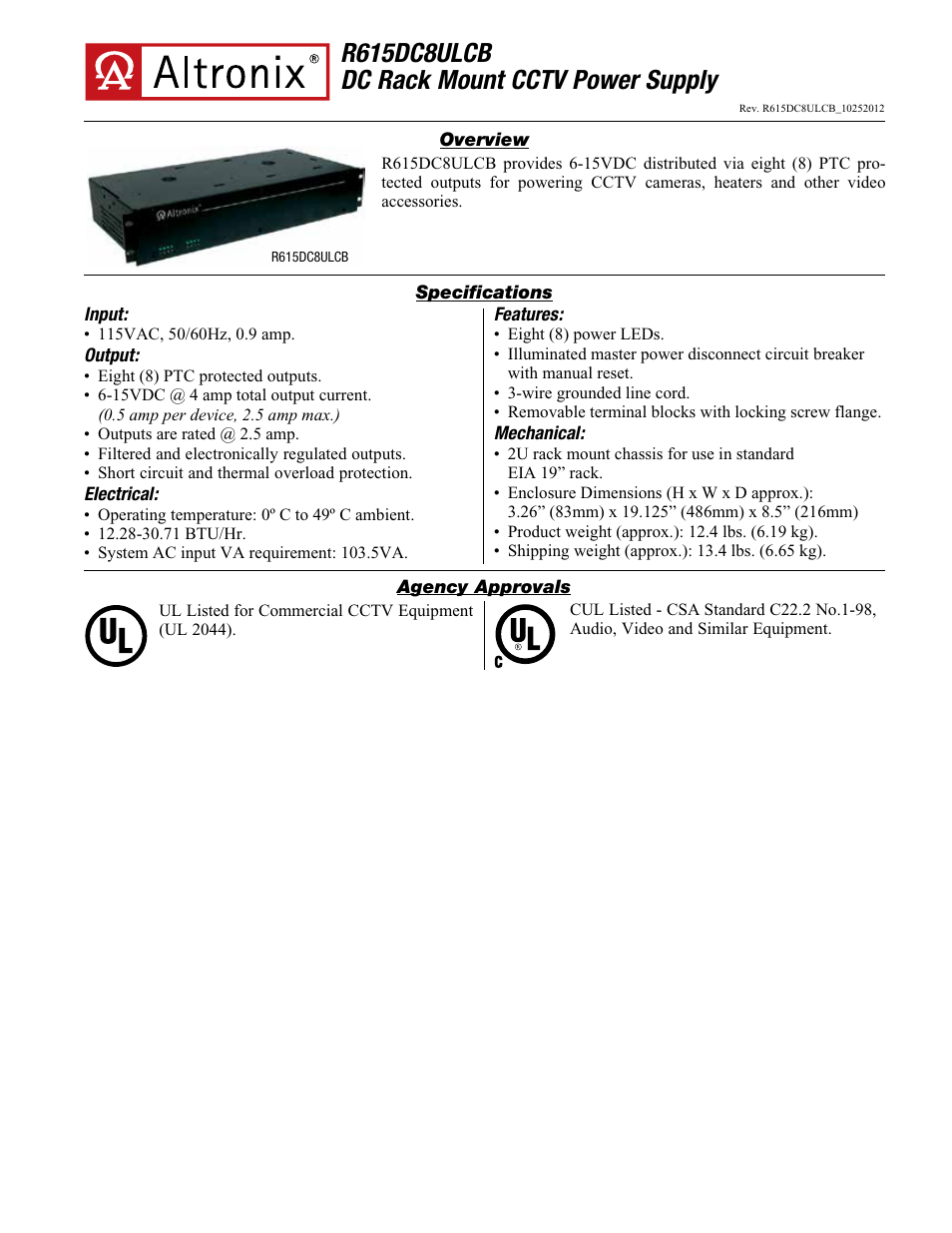 Altronix R615DC8ULCB Data Sheet User Manual | 2 pages