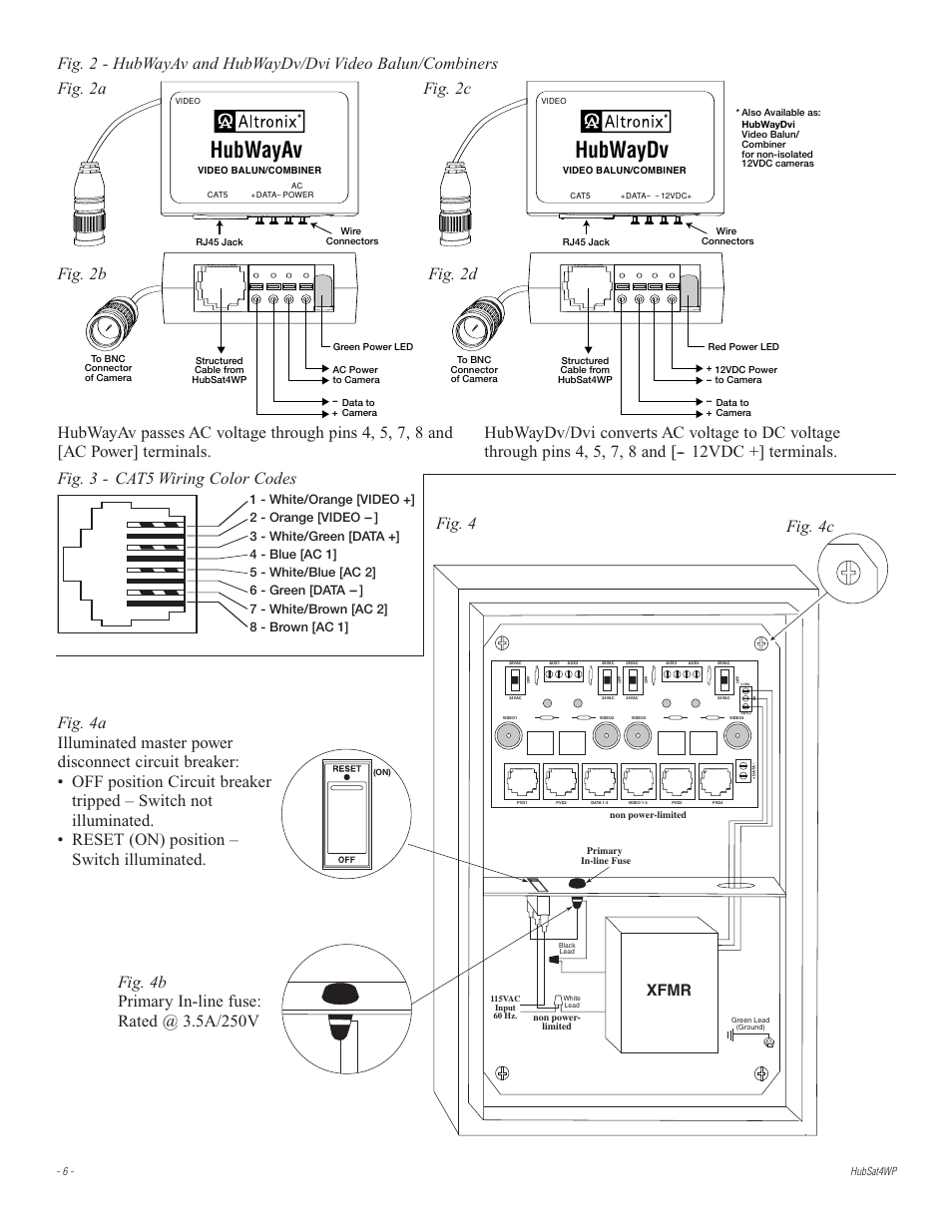 Hubwayav, Hubwaydv, Fig. 3 - cat5 wiring color codes | Xfmr | Altronix HubSat 4WP Installation Instructions User Manual | Page 6 / 8