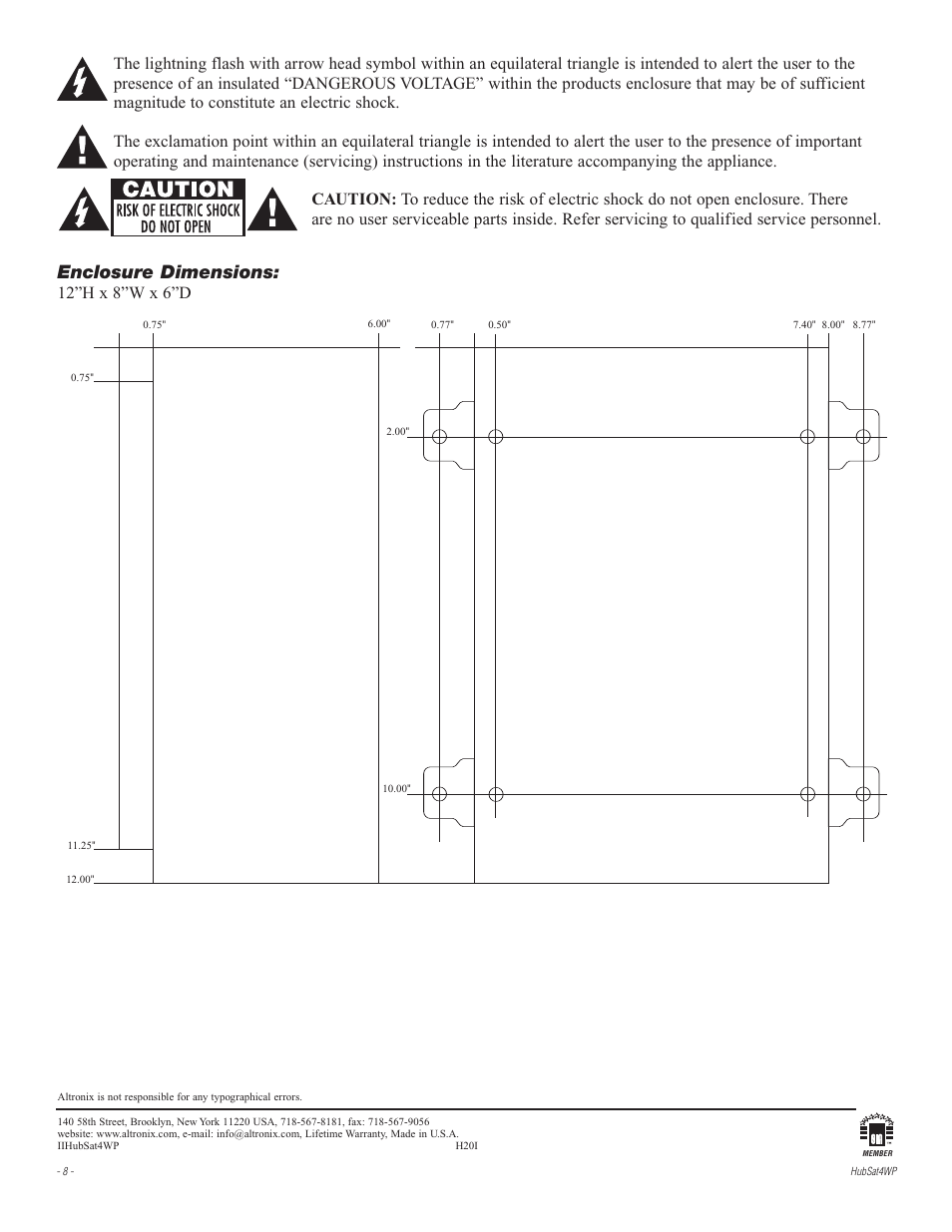 Enclosure dimensions, 12”h x 8”w x 6”d | Altronix HubSat 4WP Installation Instructions User Manual | Page 8 / 8