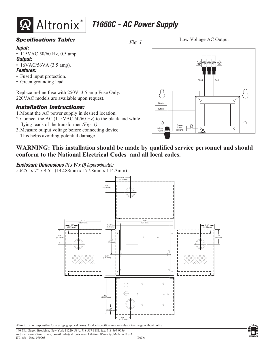 Altronix T1656C Installation Instructions User Manual | 1 page