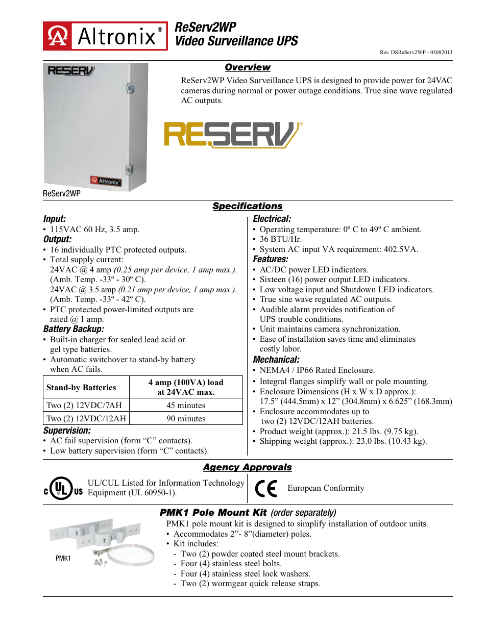 Altronix ReServ2WP Data Sheet User Manual | 2 pages