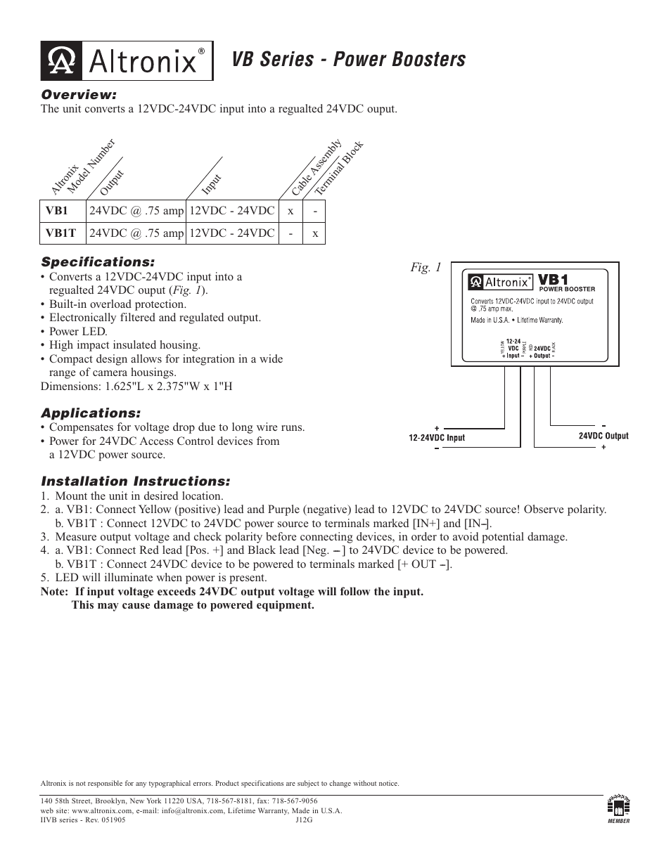 Altronix VB1T Installation Instructions User Manual | 1 page